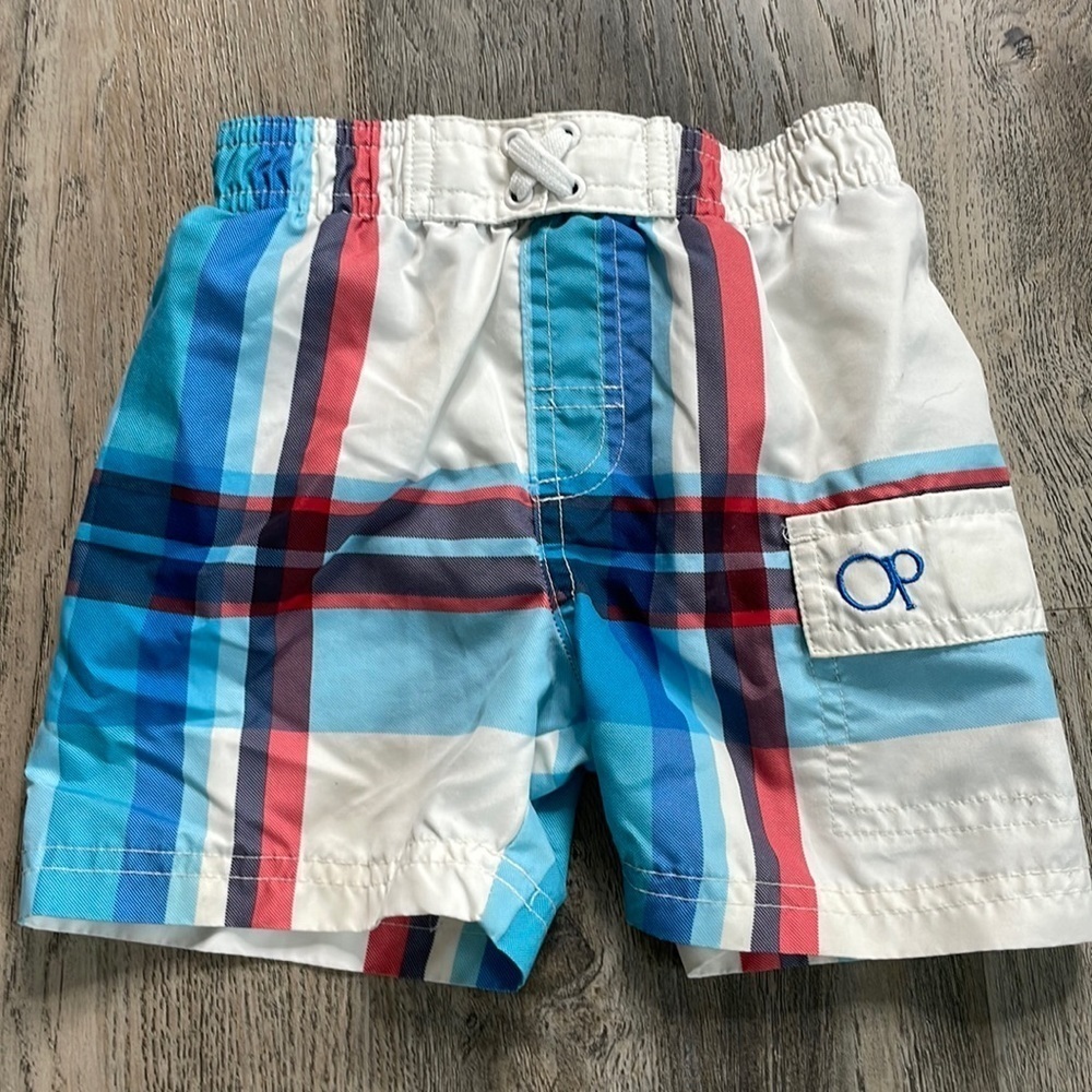 OP Baby Boys Red White Blue plaid Swim Shirts with liner, size 12 months